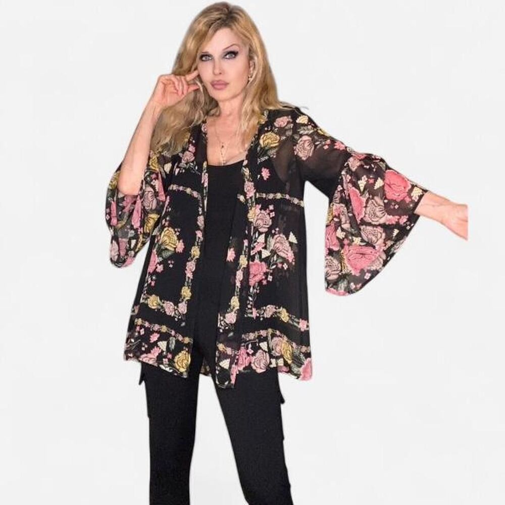 STYLE & CO Gorgeous Pink & Gold Floral Kimono Duster with Bell Sleeves XS-S